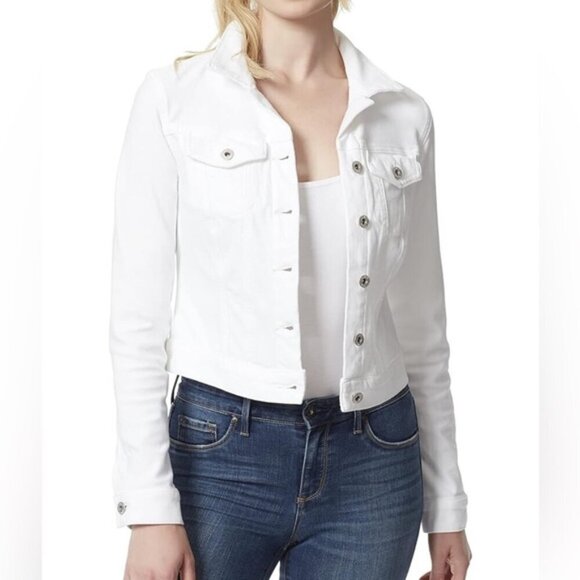 Jessica Simpson Pixie Fitted Tailored Stretch White Denim Jean Jacket - Picture 1 of 9